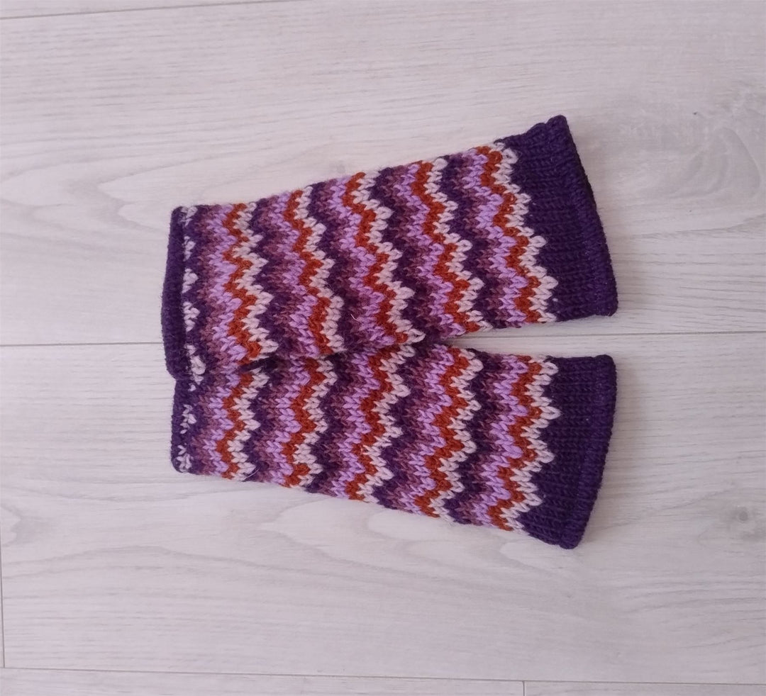 Wool Knit Fleece Lined  Wrist Warmers - Zig Zag Purple