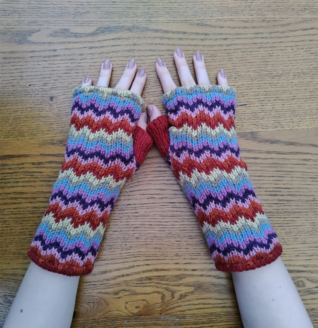 Wool Knit Fleece Lined  Wrist Warmers - Zig Zag Multi