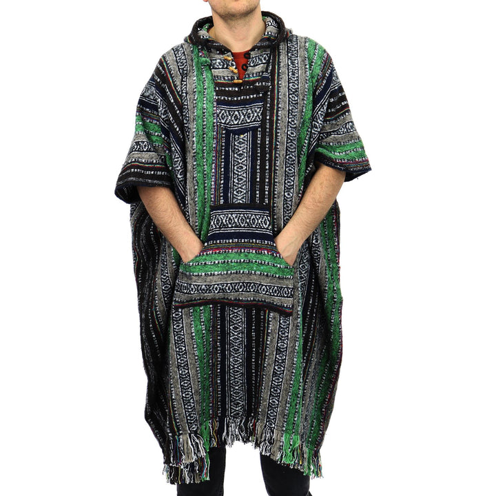 Brushed Cotton Long Hooded Poncho - Green