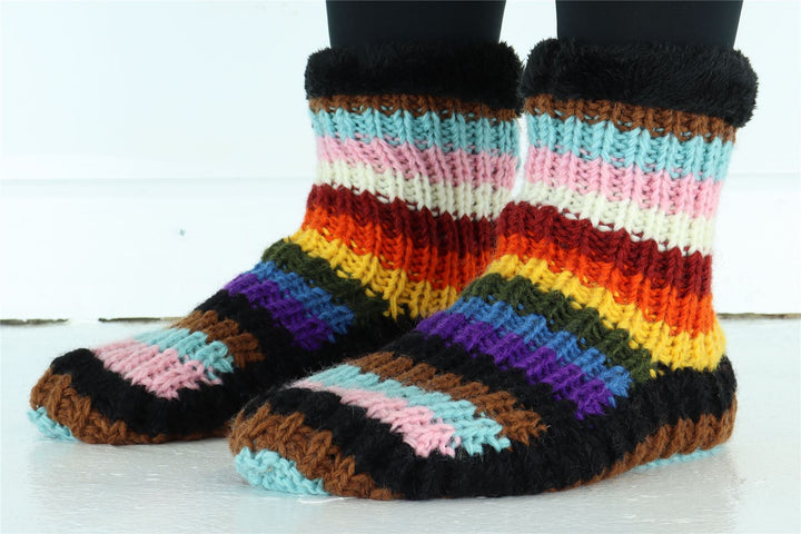 Hand Knitted Wool Slipper Socks - Stripe Progress Rainbow