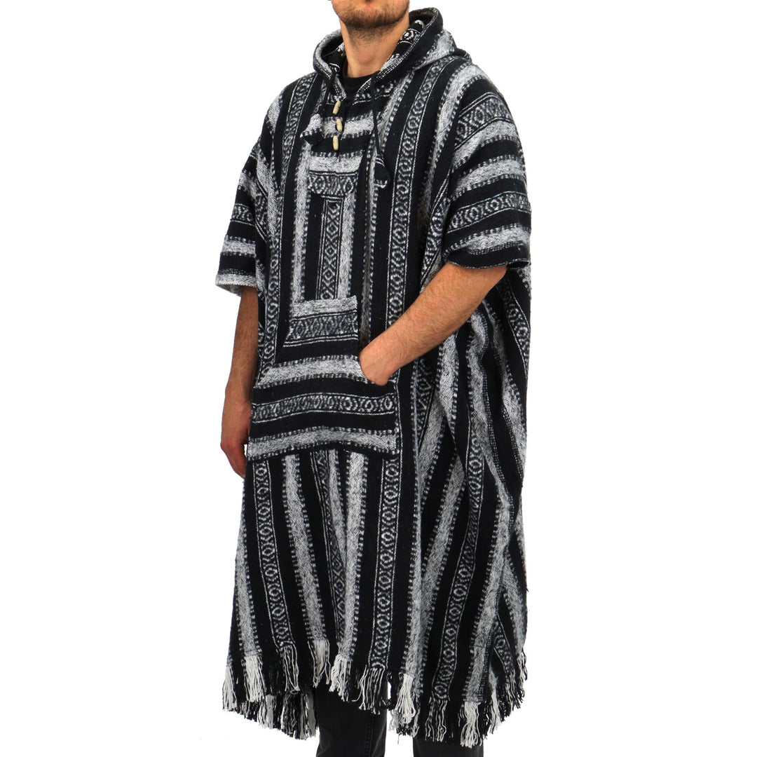 Brushed Cotton Long Hooded Poncho - Black White