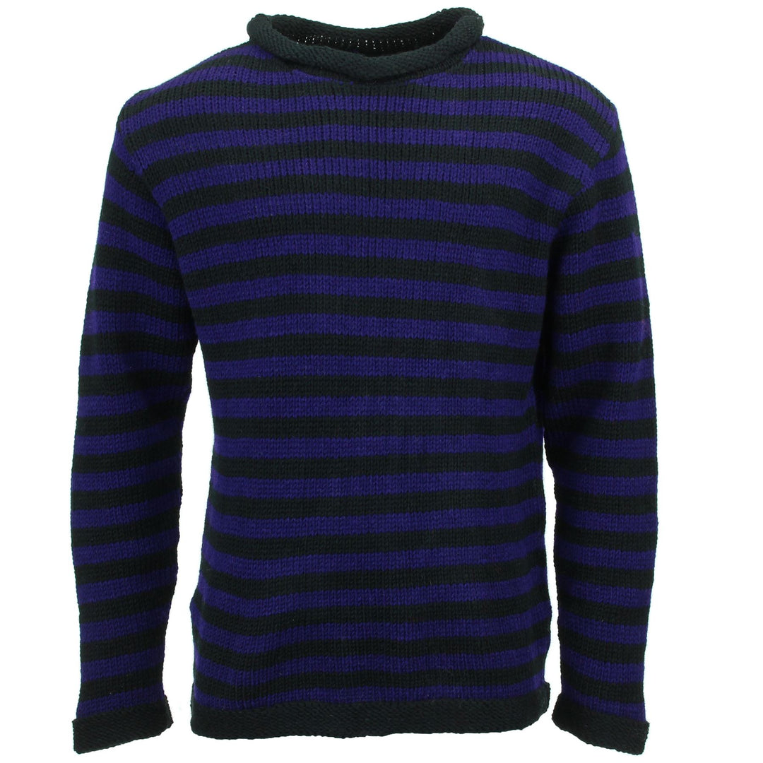 Hand Knitted Wool Jumper - Stripe Purple Black