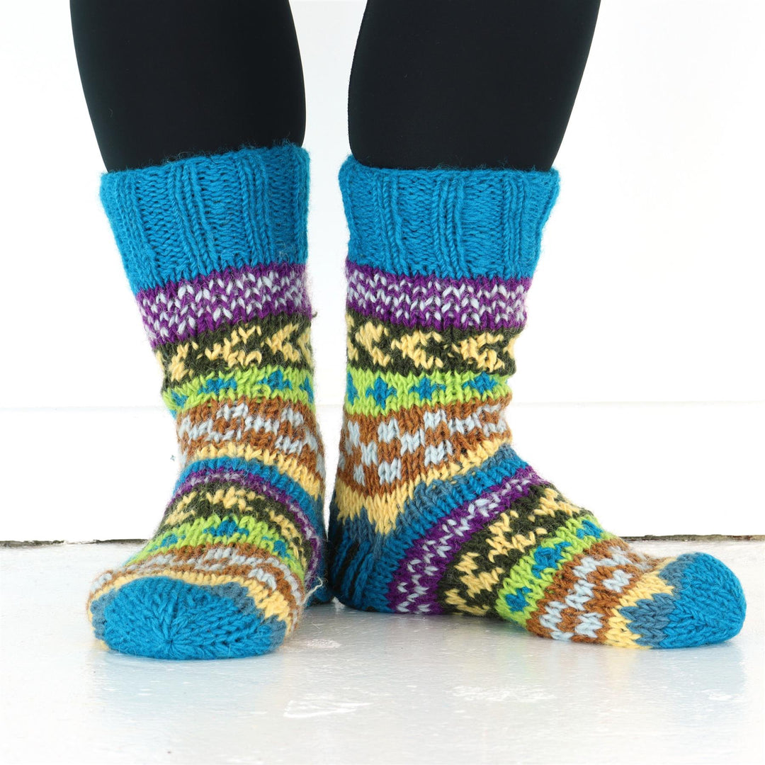 Hand Knitted Wool Slipper Socks Lined - Chevron Blue