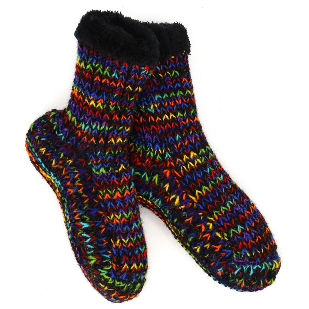 Hand Knitted Wool Slipper Socks - SD Black Rainbow