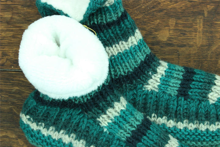 Hand Knitted Wool Slipper Socks - Stripe Teal