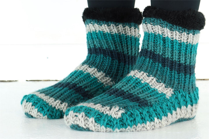 Hand Knitted Wool Slipper Socks - Stripe Teal