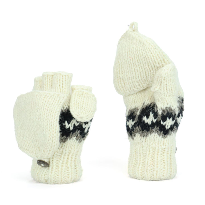 Wool Knit Fingerless Shooter Gloves - Fairisle Cream