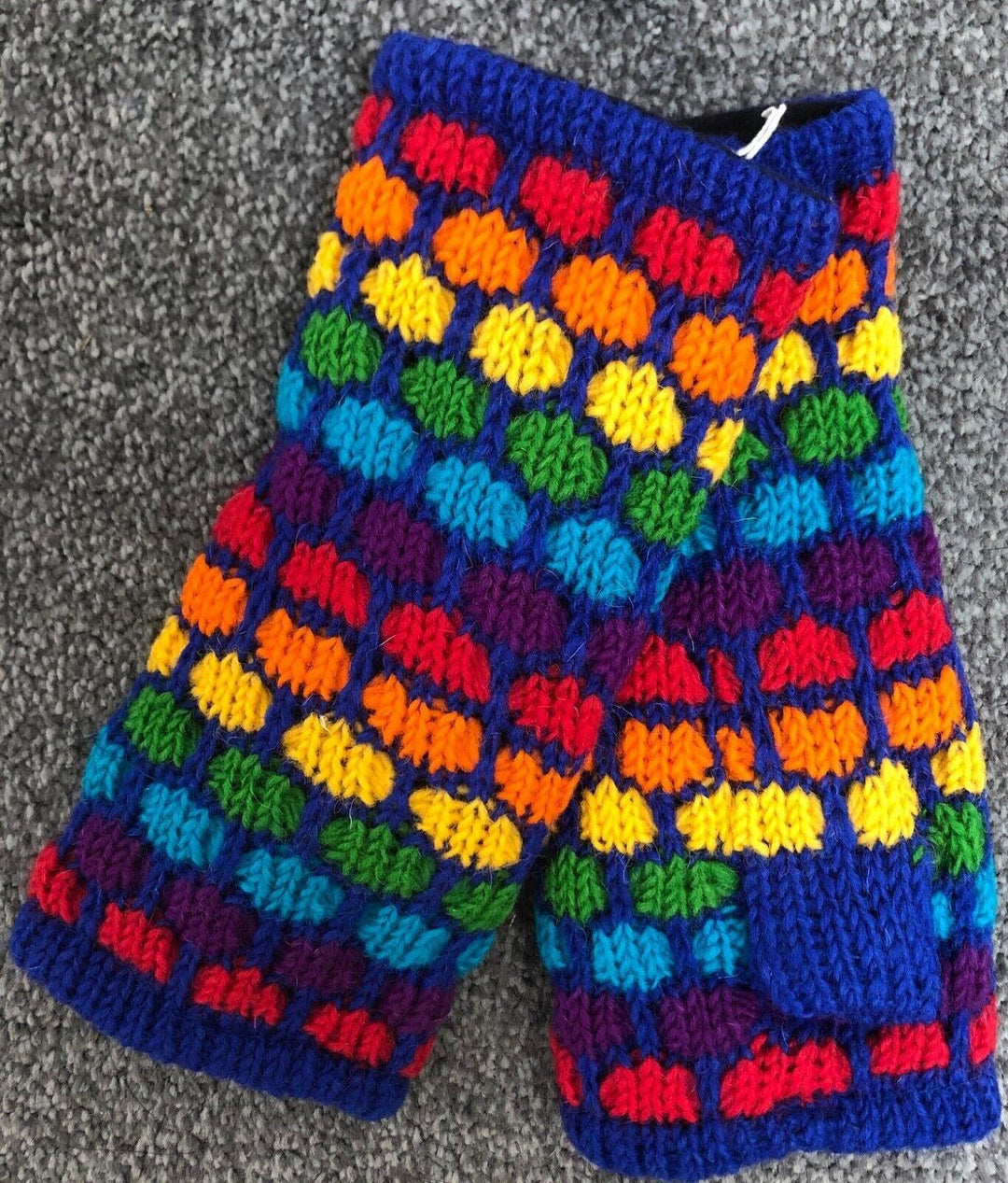 Wool Knit Fleece Lined  Wrist Warmers - Blue Rainbow Spot