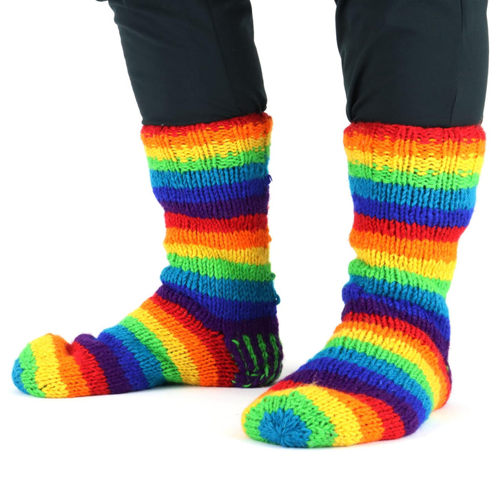 Hand Knitted Wool Slipper Socks Lined - Stripe Rainbow 1