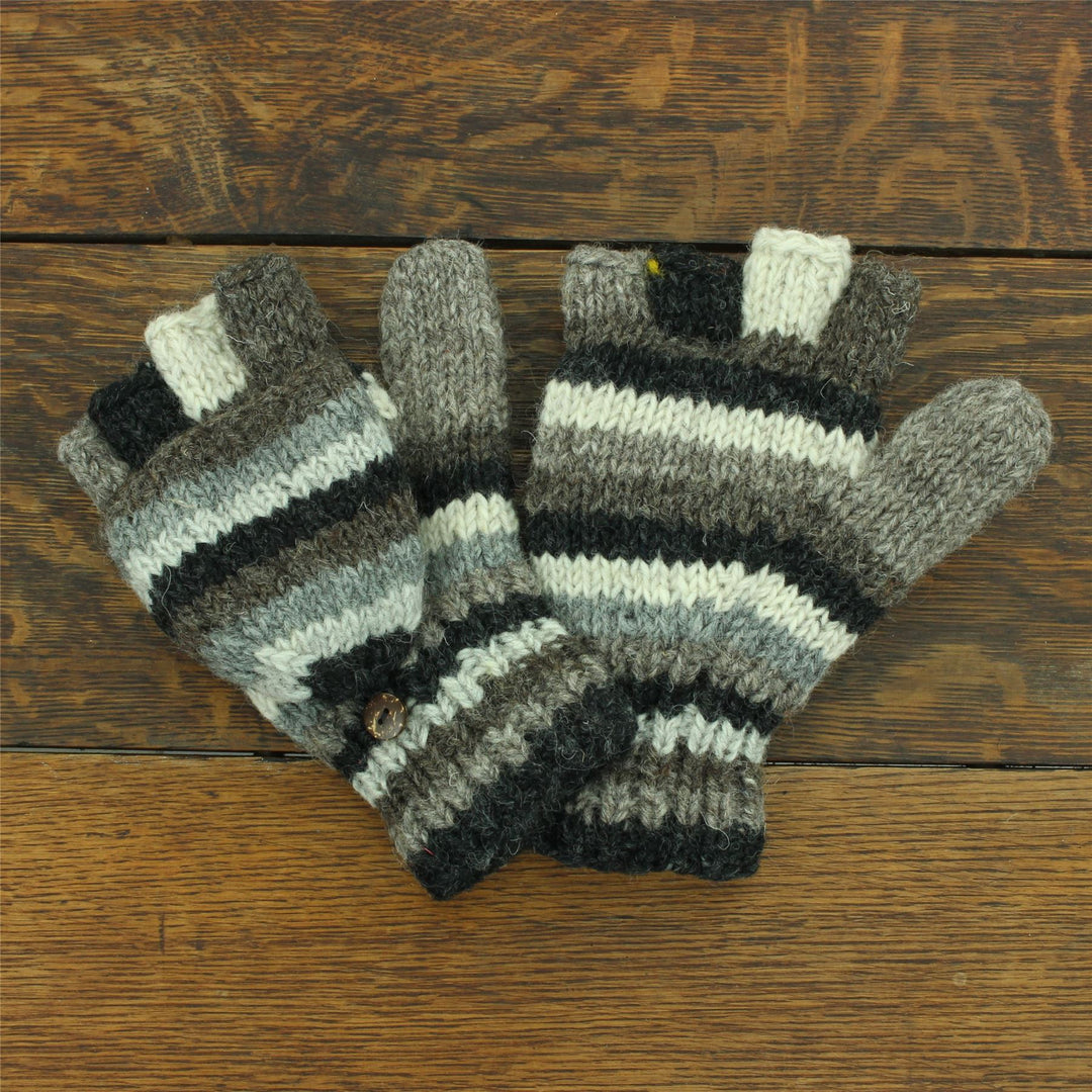 Hand Knitted Wool Shooter Gloves - Stripe Natural