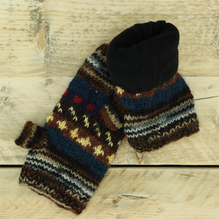 Hand Knitted Wool Arm Warmer - 17 Blue Brown