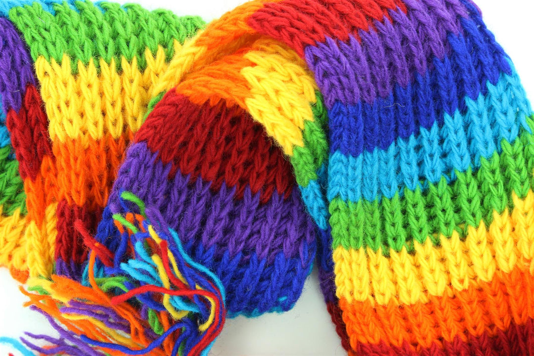 Hand Knitted Wool Scarf - Stripe Bright Rainbow