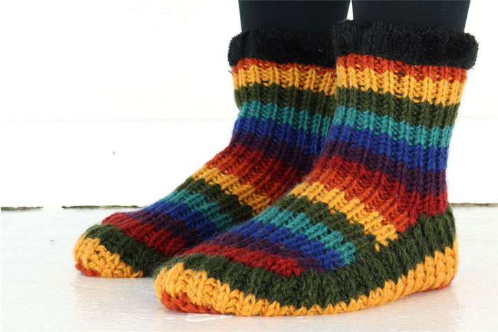 Hand Knitted Wool Slipper Socks - Stripe Dark Rainbow