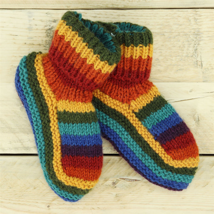 Hand Knitted Wool Slipper Socks - Stripe Dark Rainbow