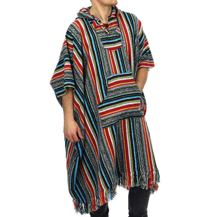 Brushed Cotton Long Hooded Poncho - Mexican Diamond