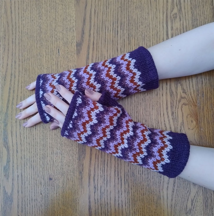 Wool Knit Fleece Lined  Wrist Warmers - Zig Zag Purple