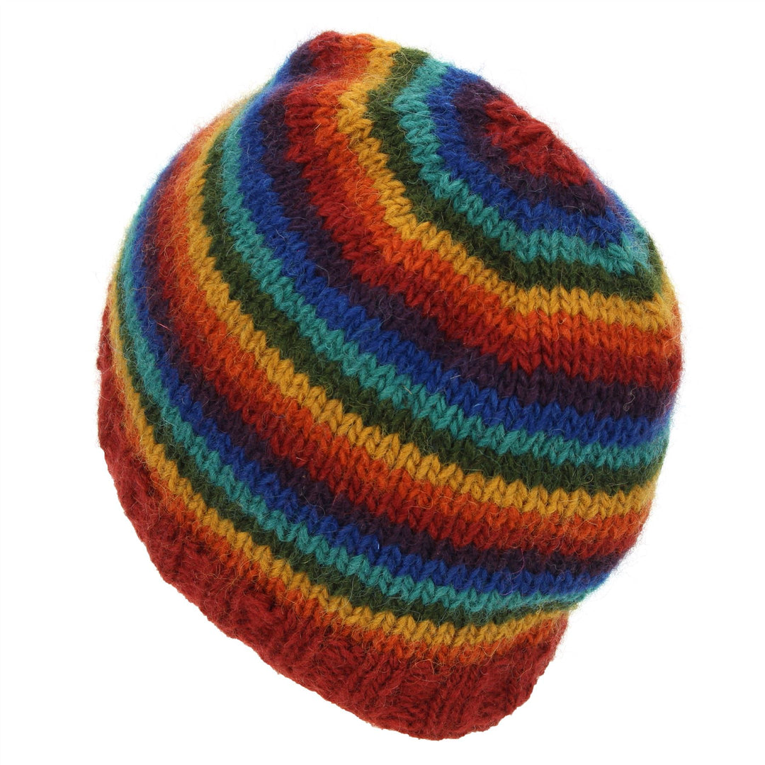 Hand Knitted Wool Beanie Hat - Stripe Dark Rainbow