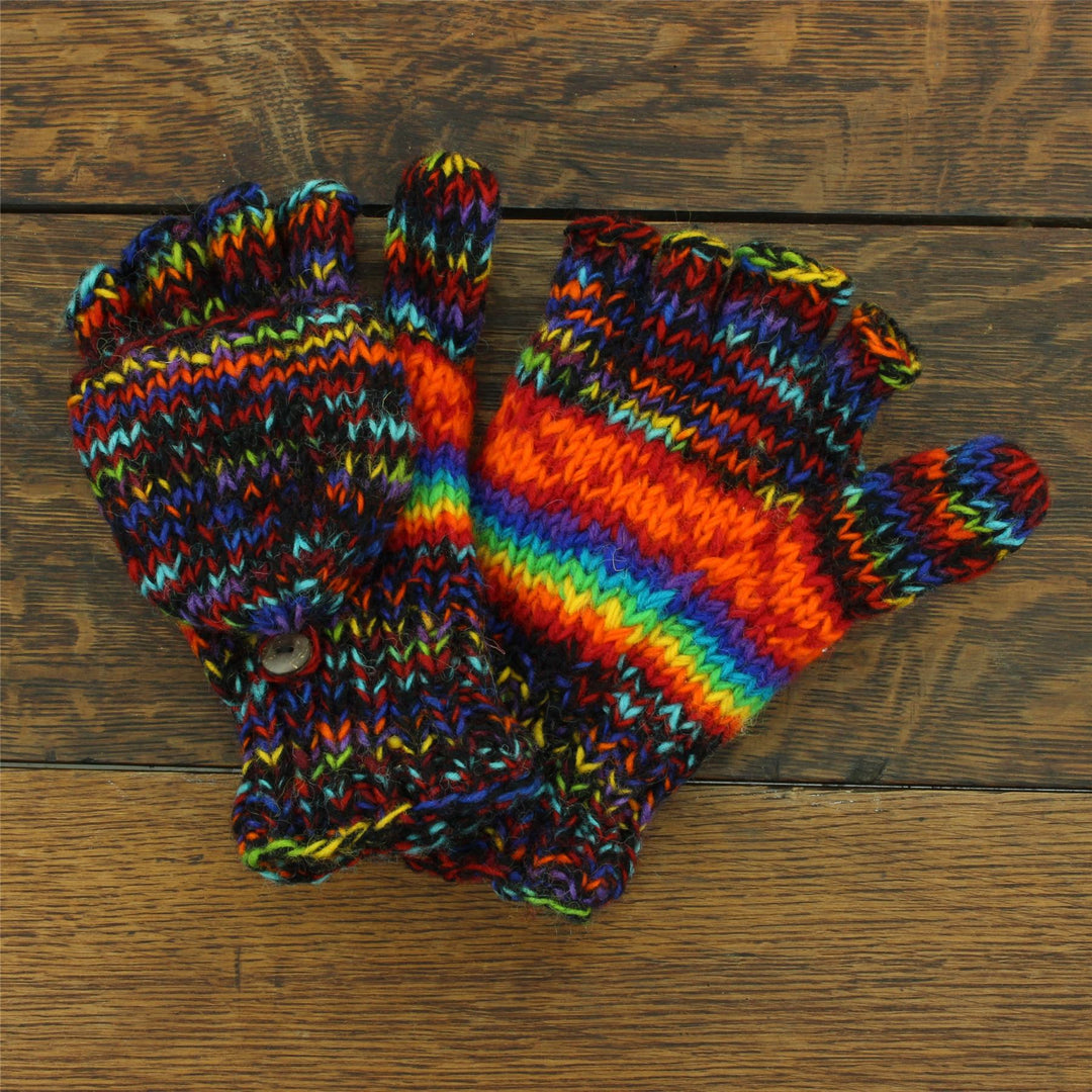 Hand Knitted Wool Shooter Gloves - SD Black Rainbow Orange