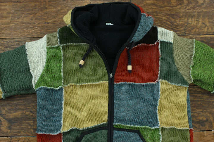 Wool Knit Patchwork Hooded Jacket - Mustard