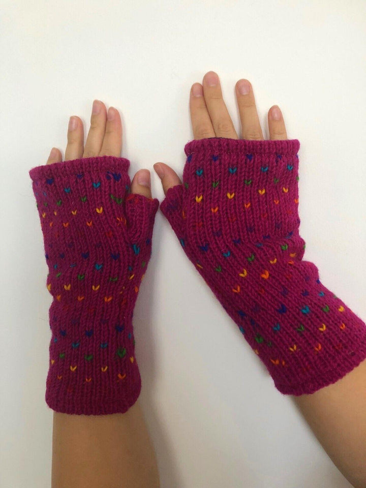 Wool Knit Fleece Lined  Wrist Warmers - Tik Tik Dark Pink