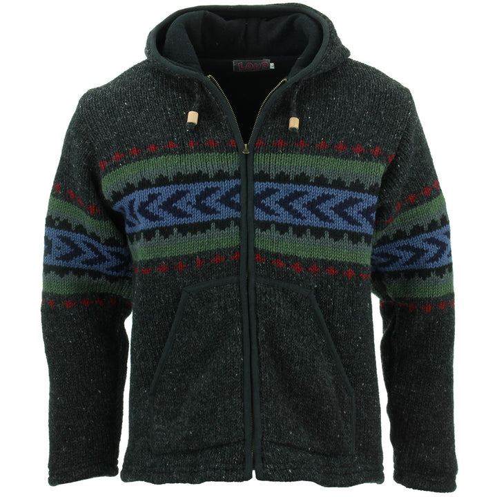 Wool Knit Chevron Hooded Jacket - Charcoal