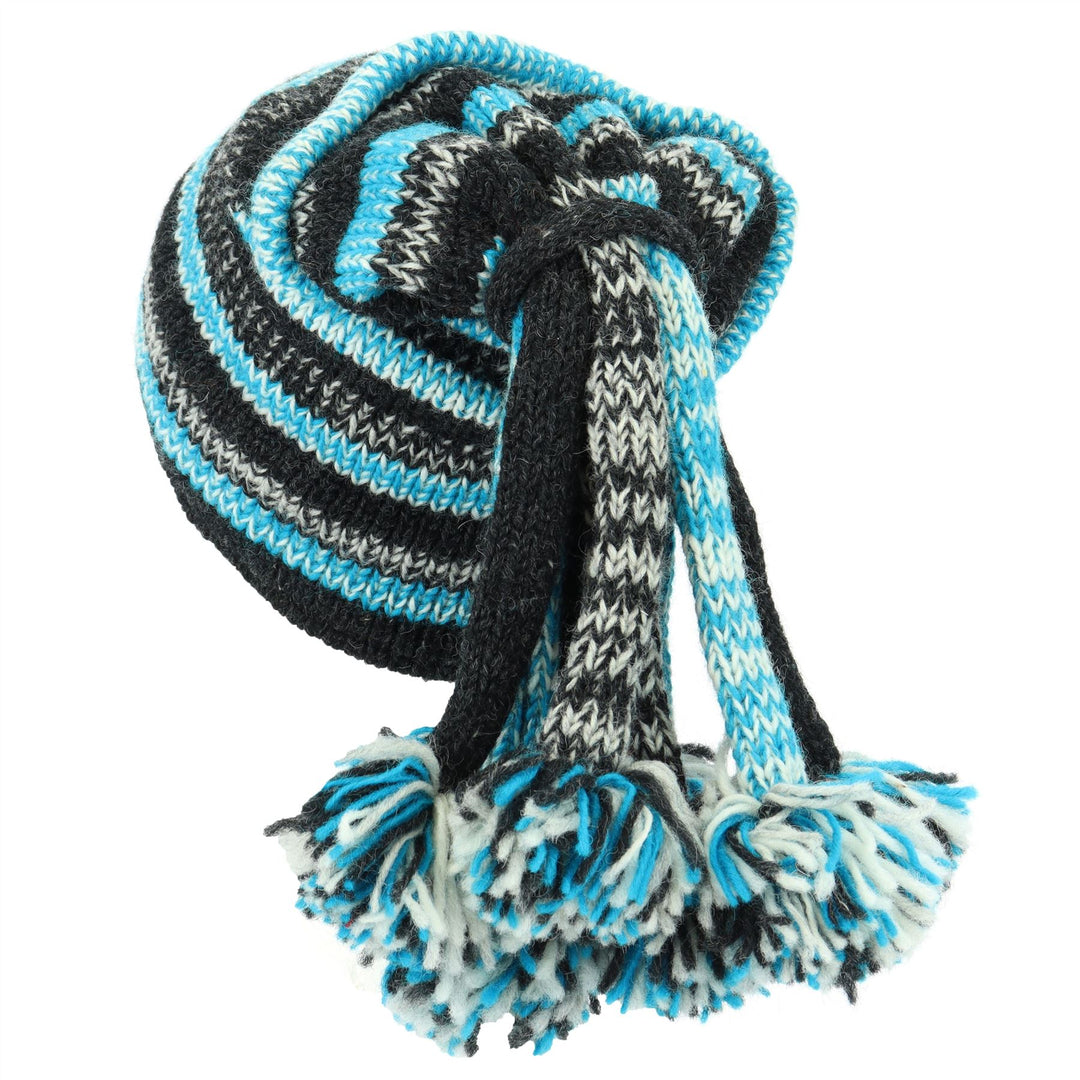 Hand Knitted Beanie Fountain Tassel Hat - SD Light Blue Charcoal