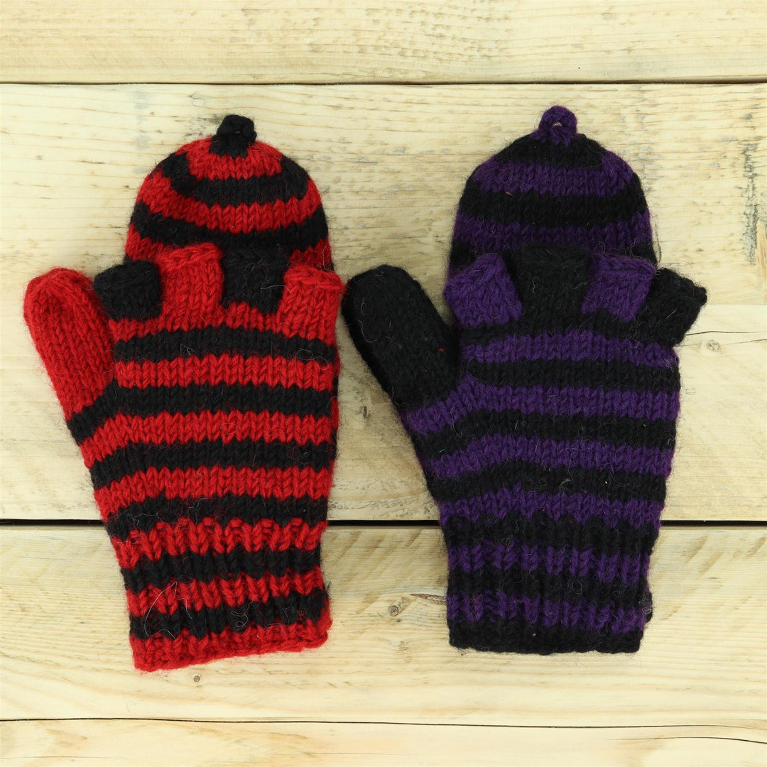 Hand Knitted Wool Shooter Gloves - Stripe Red Black