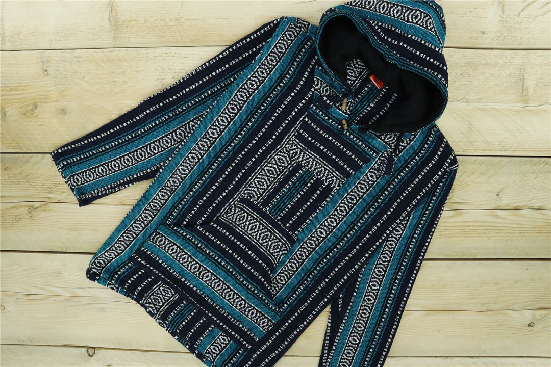 Woven Gheri Cotton Baja Hoodie - Blue