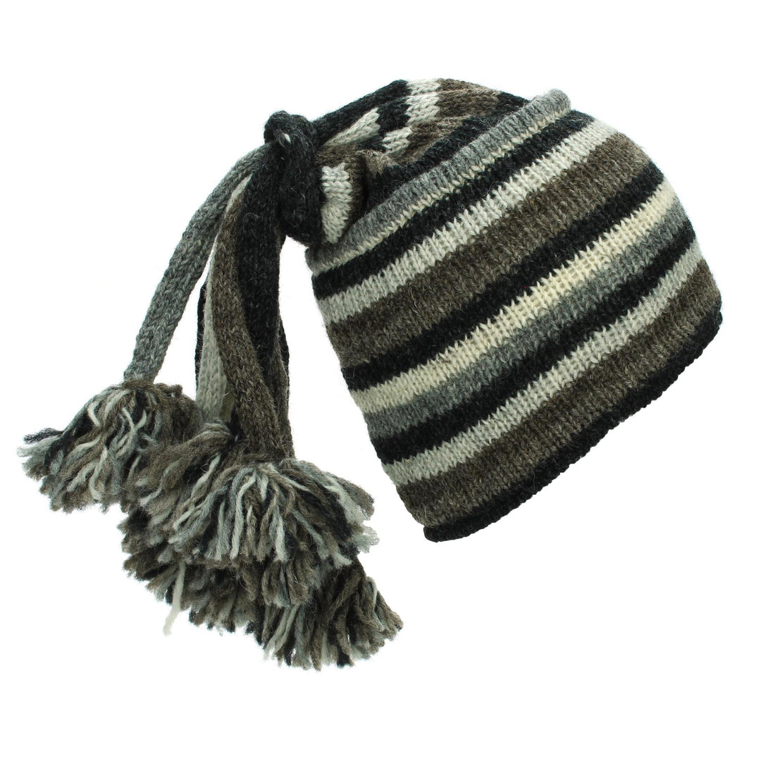 Hand Knitted Beanie Fountain Tassel Hat - Stripe Natural