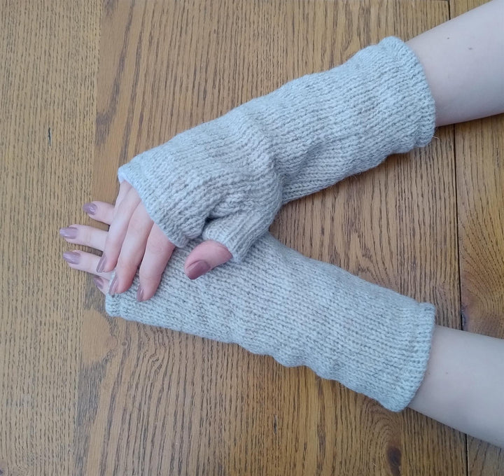 Wool Knit Fleece Lined  Wrist Warmers - Plain Cream