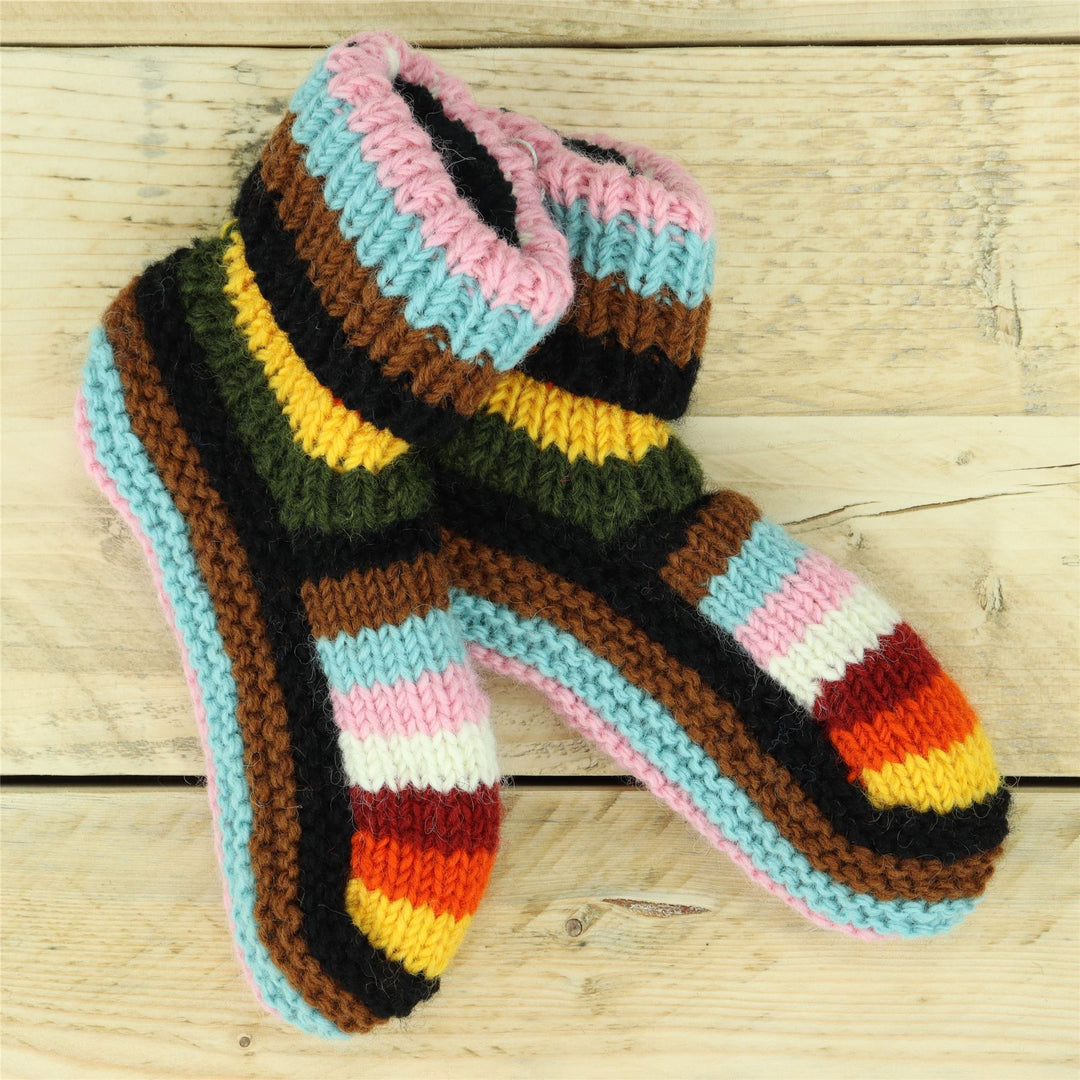 Hand Knitted Wool Slipper Socks - Stripe Progress Rainbow