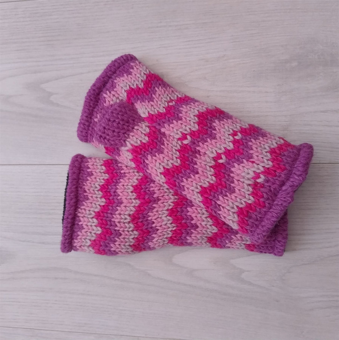 Wool Knit Fleece Lined  Wrist Warmers - Zig Zag Pink