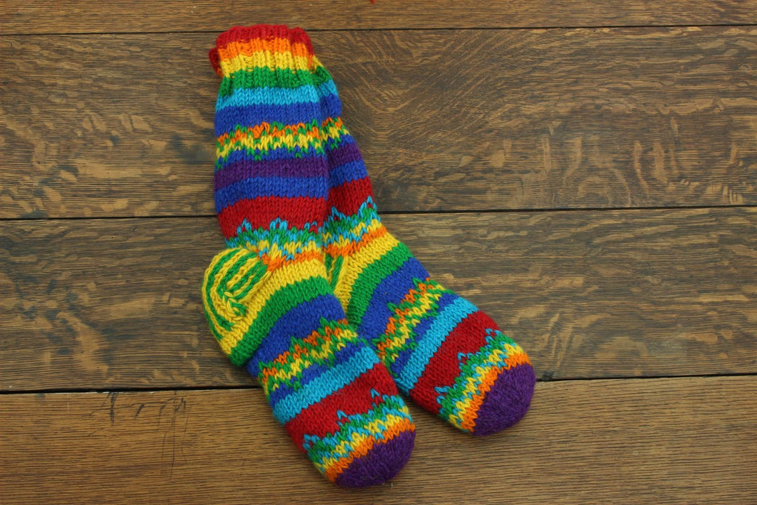 Hand Knitted Wool Slipper Socks Lined - Stripe Rainbow Zig Zag