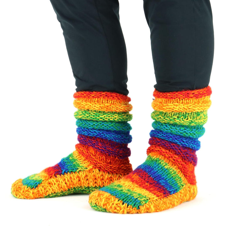 Hand Knitted Wool Slipper Socks Lined - SD Shredded Rainbow