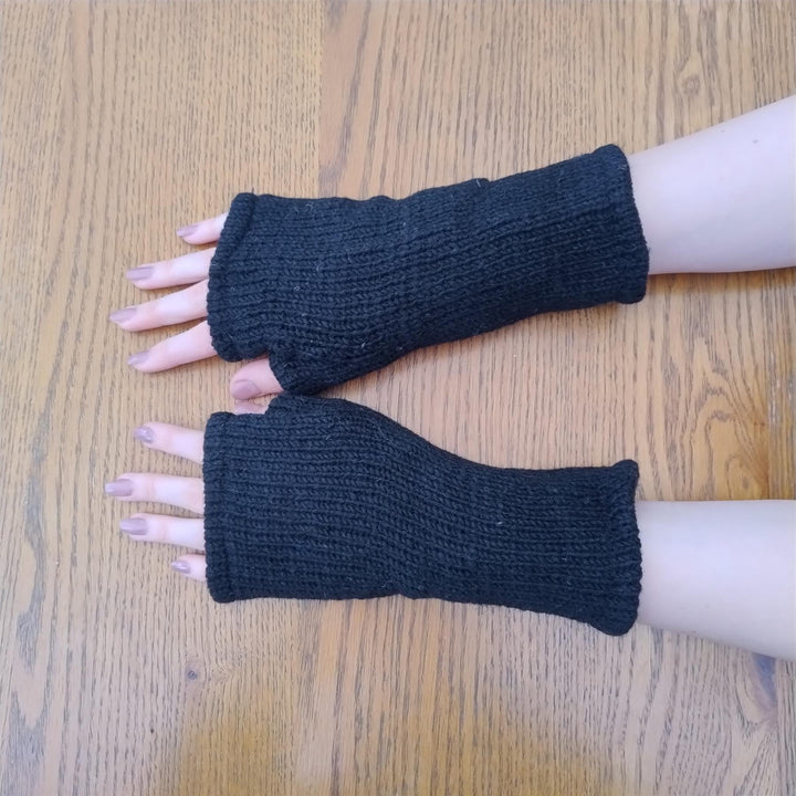 Wool Knit Fleece Lined  Wrist Warmers - Plain Black