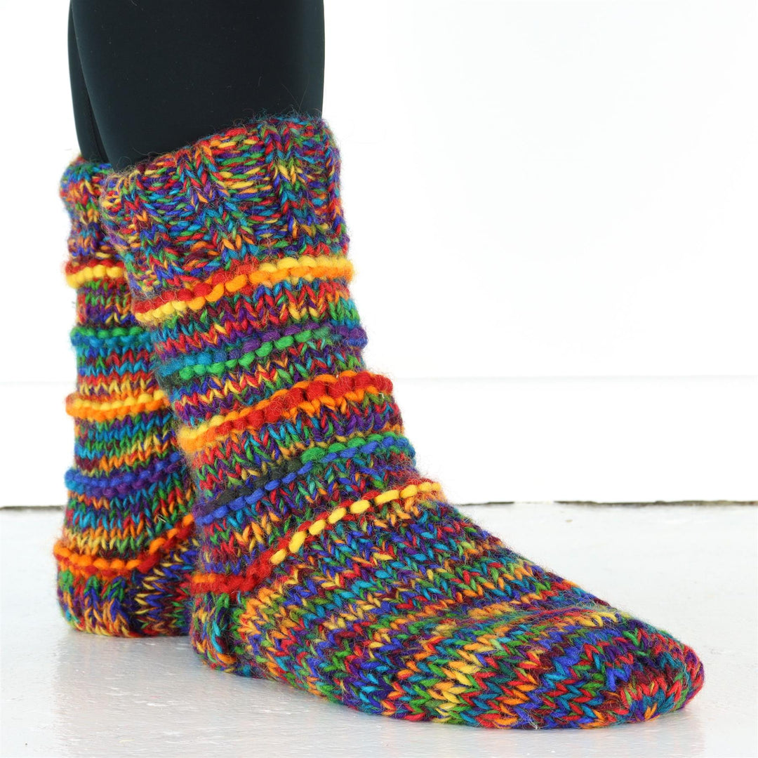 Hand Knitted Wool Slipper Socks Lined - SD Rainbow Rib