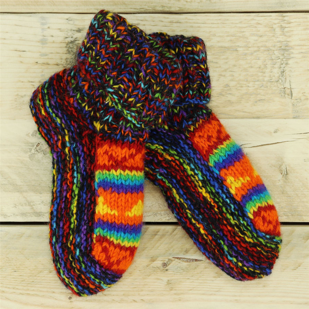 Hand Knitted Wool Slipper Socks - SD Black Rainbow Orange