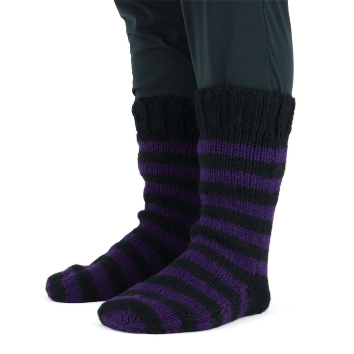 Hand Knitted Wool Slipper Socks - Stripe Purple Black