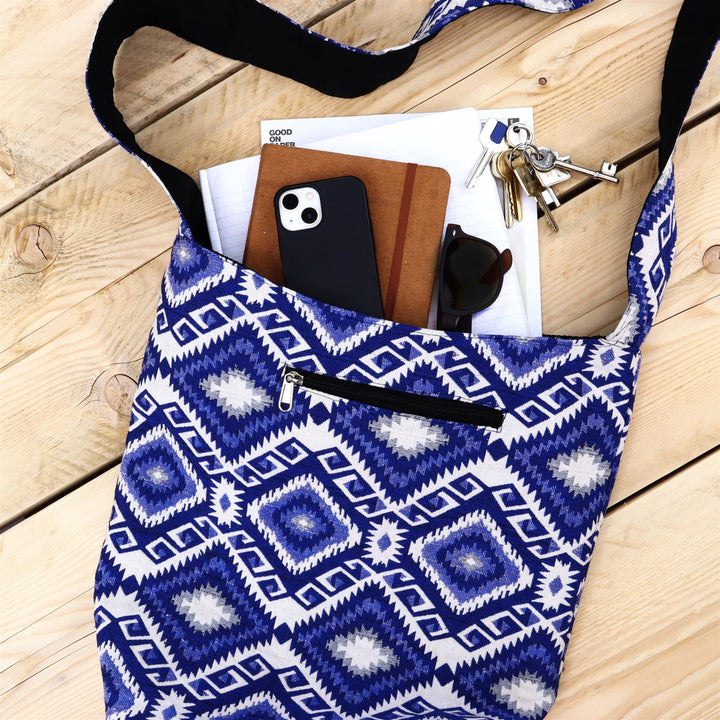 Cotton Canvas Sling Shoulder Bag - Blue Diamond