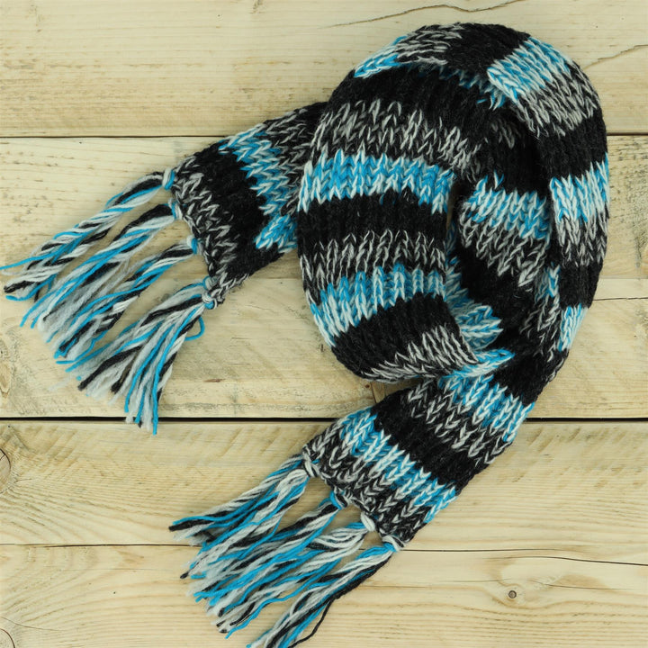 Hand Knitted Wool Scarf - SD Light Blue Charcoal