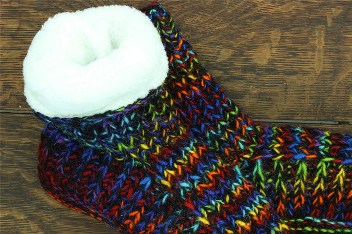 Hand Knitted Wool Slipper Socks - SD Black Rainbow