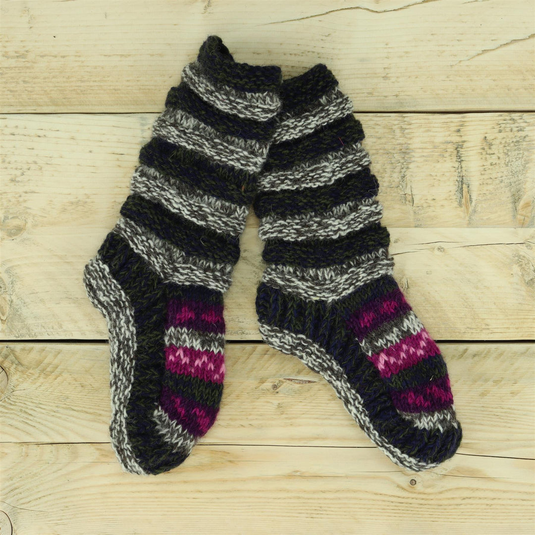 Hand Knitted Wool Slipper Socks Lined - SD Dark Multi