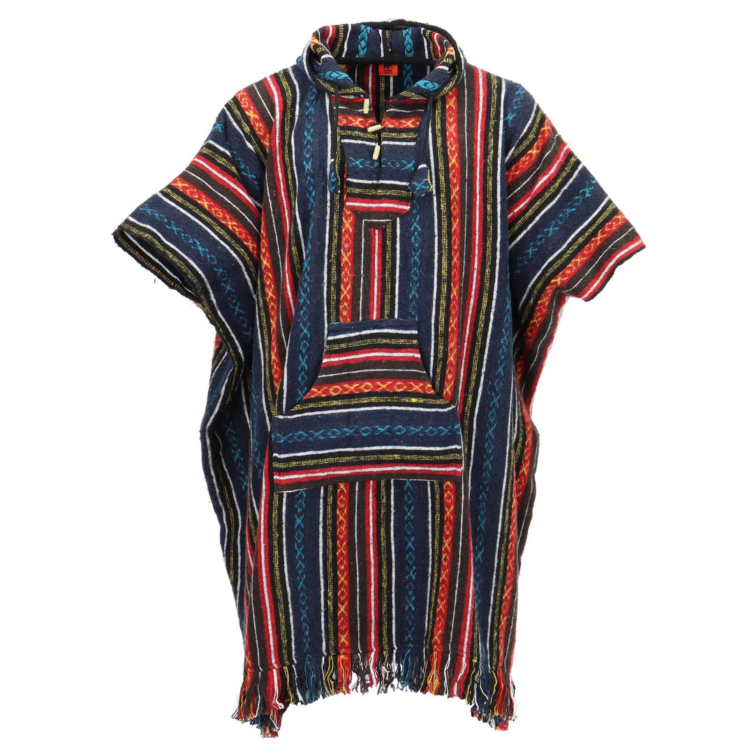 Brushed Cotton Long Hooded Poncho - Blue Red