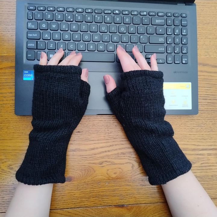 Wool Knit Fleece Lined  Wrist Warmers - Plain Black