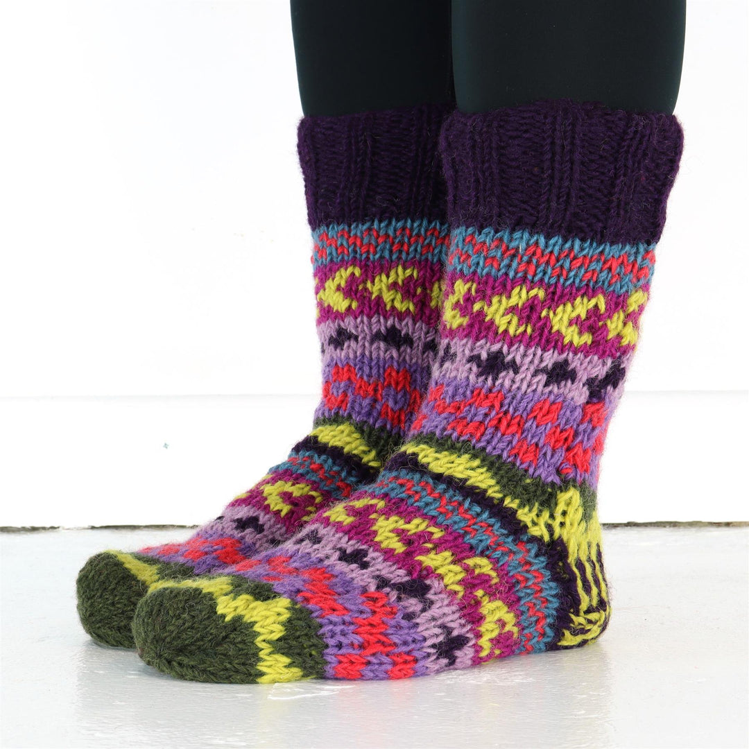 Hand Knitted Wool Slipper Socks Lined - Chevron Purple