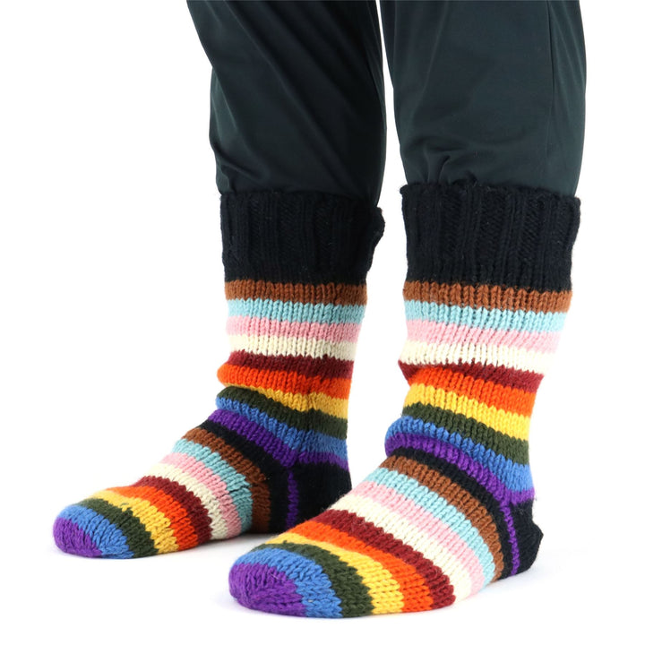 Hand Knitted Wool Slipper Socks - Stripe Progress Rainbow