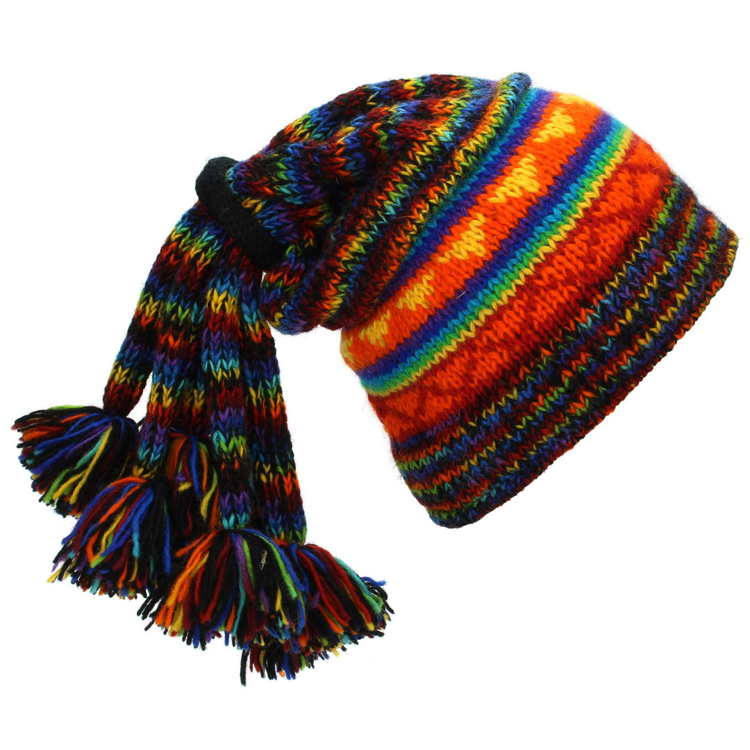 Hand Knitted Beanie Fountain Tassel Hat - SD Black Rainbow Orange