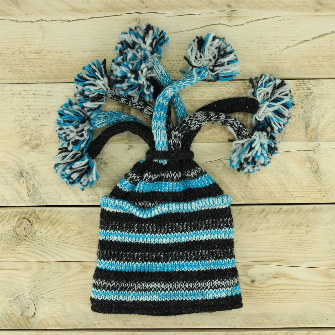 Hand Knitted Beanie Fountain Tassel Hat - SD Light Blue Charcoal