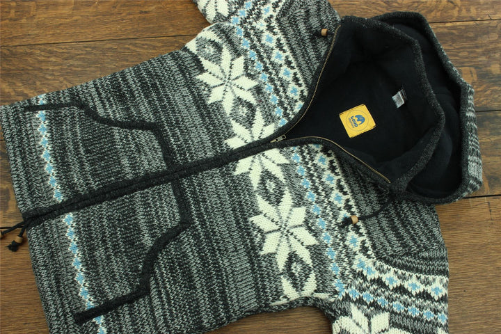 Hand Knitted Wool Hooded Jacket Cardigan - Fairisle Grey