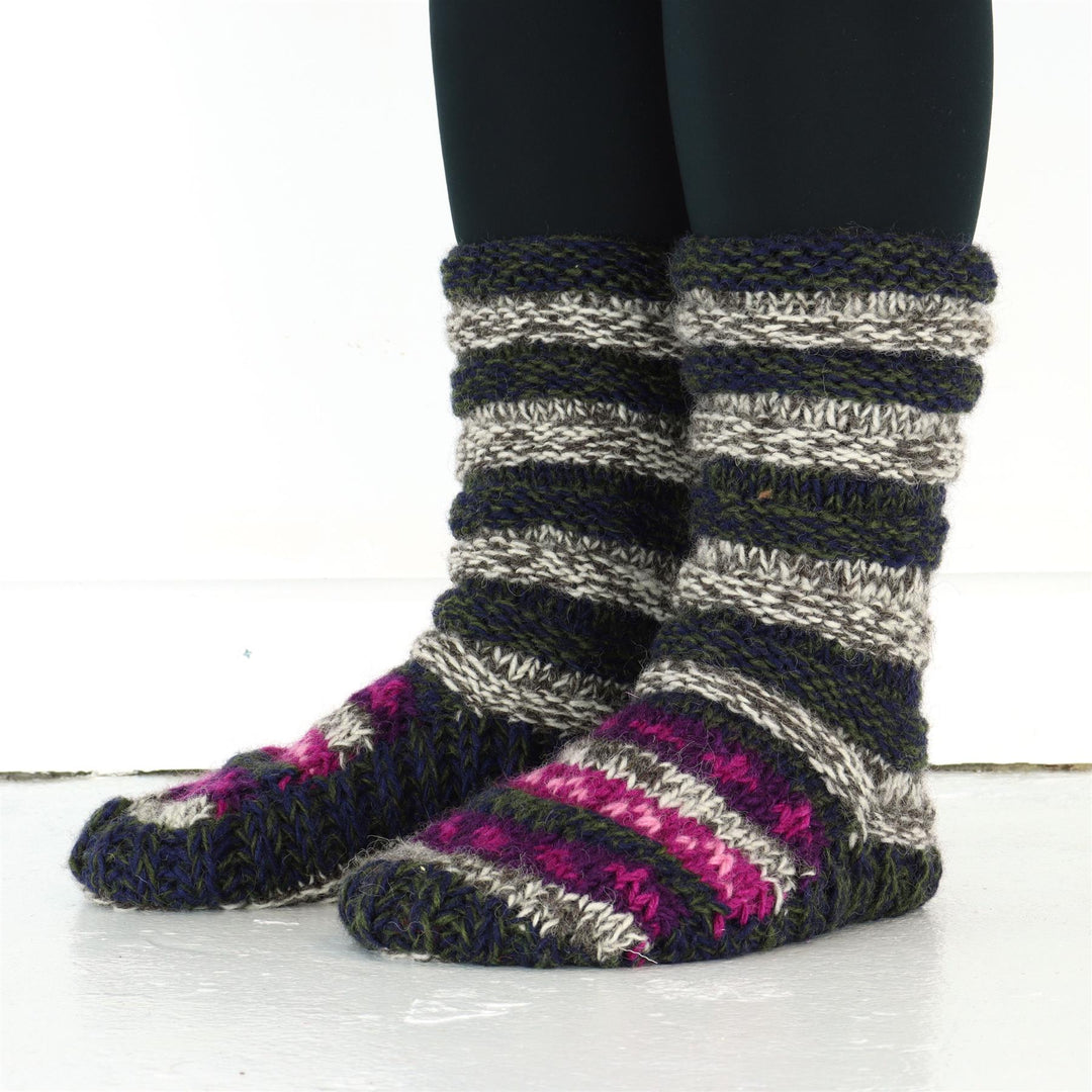 Hand Knitted Wool Slipper Socks Lined - SD Dark Multi